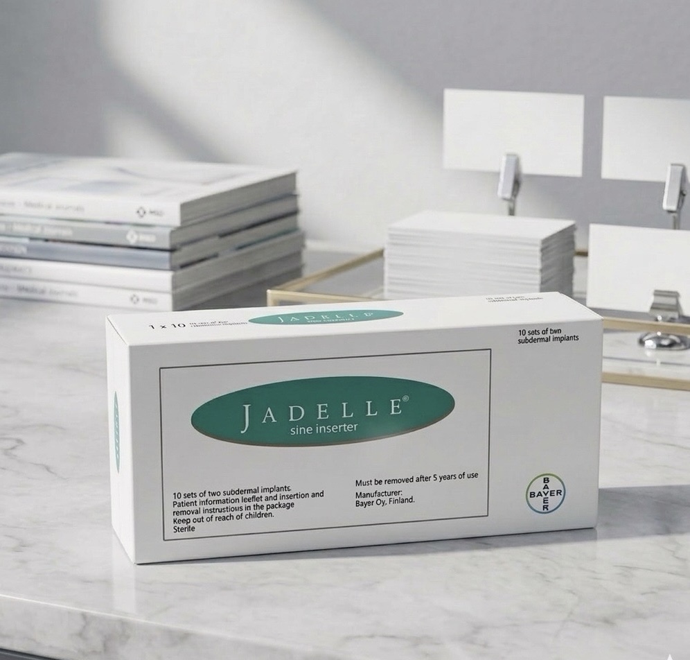 Jadelle levonorgestrel implant box on a clean marble clinic table in natural light